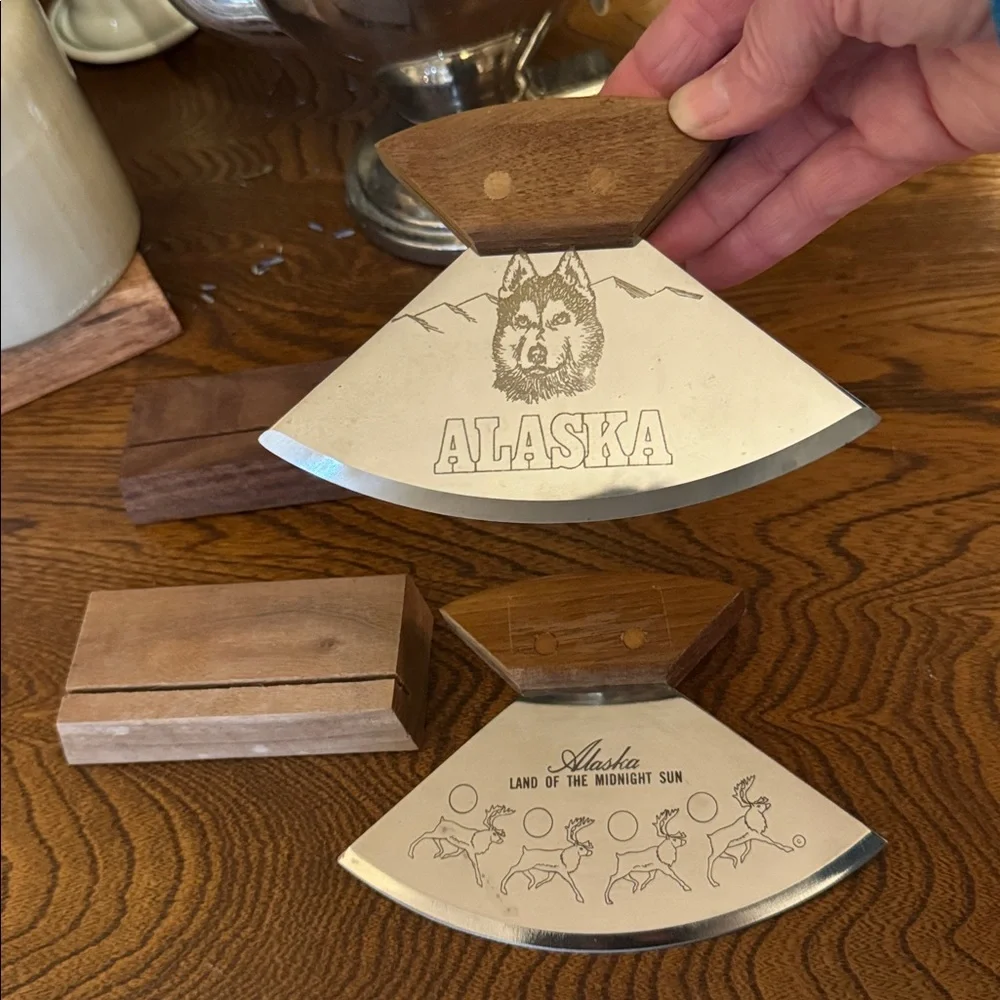 2 Alaska Ulu Kitchen Knives with etchings Wooden Handles & wood stands